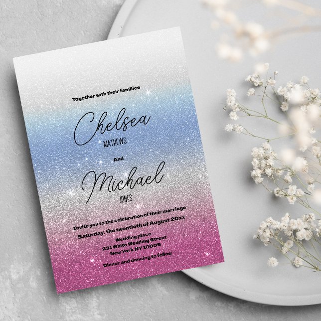 Convites Casamento com brilho de prata azul-rosa (Pink blue silver ombre glam glitter wedding)
