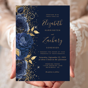 Convites Casamento com Brilho Dourado e Azul Naval Floral
