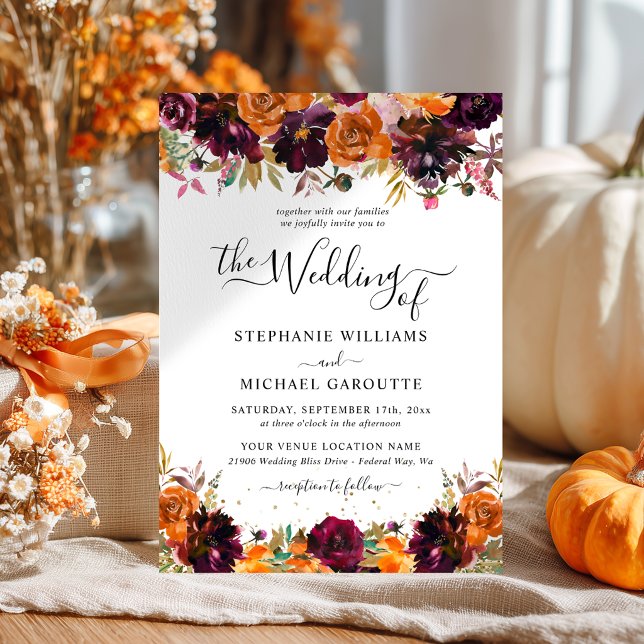 Convites Casamento com Brilho Dourado e Laranja Queimada Fl (Autumn Floral Burnt Orange Gold Glitter Wedding Invitation)