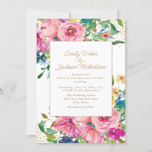 Convites Casamento com Brilho Dourado Floral Rosa Amarelo