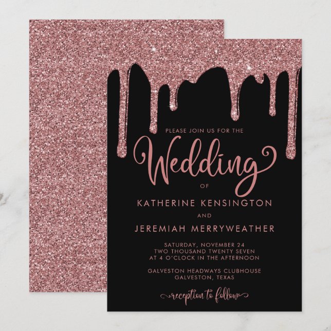 Convites Casamento com brilho Dourado Rosa negro (Frente/Verso)