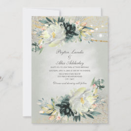 Convites Casamento com Brilho Floral em Aquarela Verde Bran