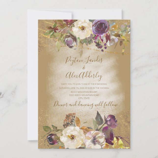 Convites Casamento com Brilho Floral Roxo Marrom Marfim (Frente)
