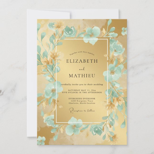 Convites Casamento com Brilho Floral Turquesa (Frente)
