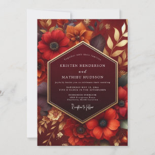 Convites Casamento com Brilho Outonal Floral Carmesim