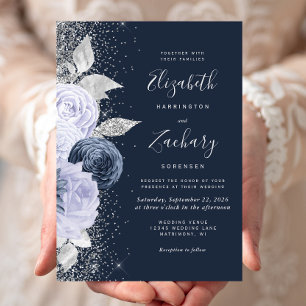 Convites Casamento com Brilho Prata Lilás Azul Marinho Flor
