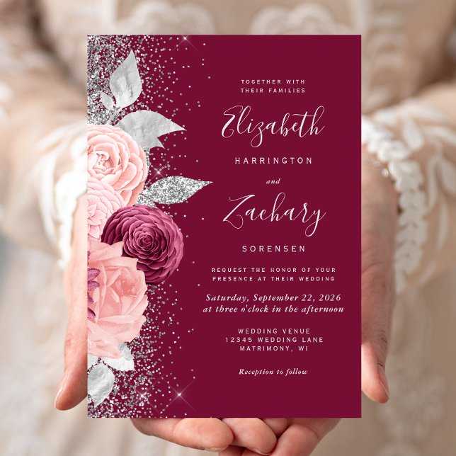 Convites Casamento com Brilho Prata Rosa Bege Borgonha Flor (Criador carregado)