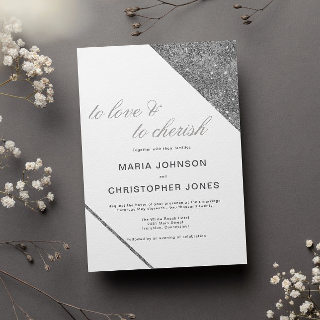 Convites Casamento com brilho prateado e clássico em branco (Luxury white classic script silver glitter wedding)