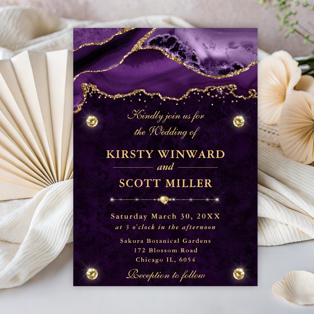 Convites Casamento com Brilho Roxo e Dourado em Ágata (Criador carregado)