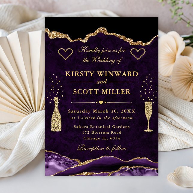 Convites Casamento com Brilho Roxo e Dourado em Ágata (Criador carregado)