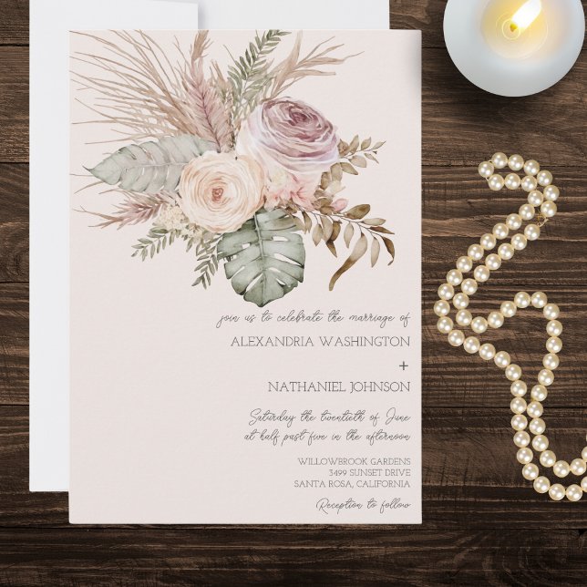 Convites Casamento com Buquê Boêmio Elegante Rosa  (Criador carregado)
