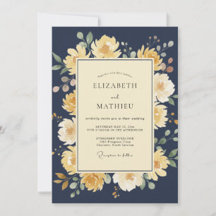 Convites Casamento com Buquê Floral Amarelo Navy