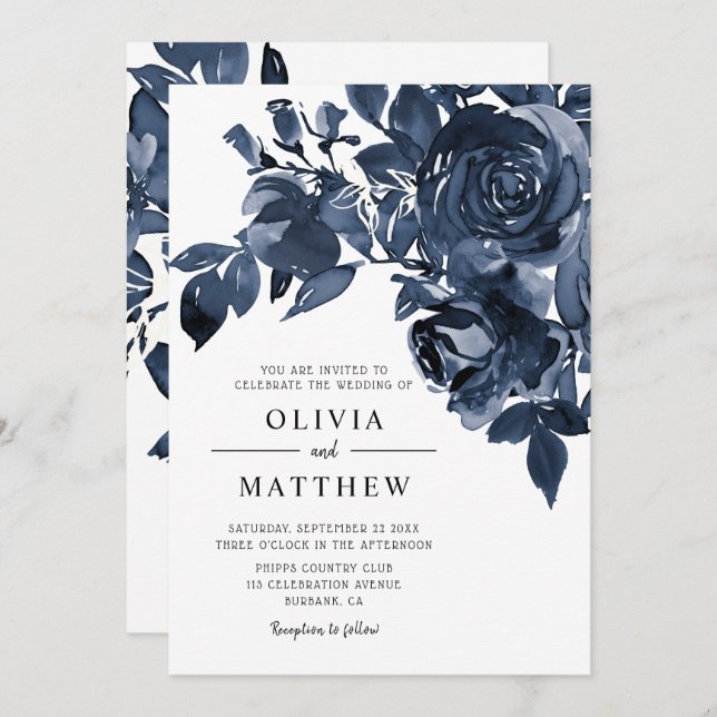 Convites Casamento com Buquê Floral Azul com Tinta Escura M (Frente/Verso)