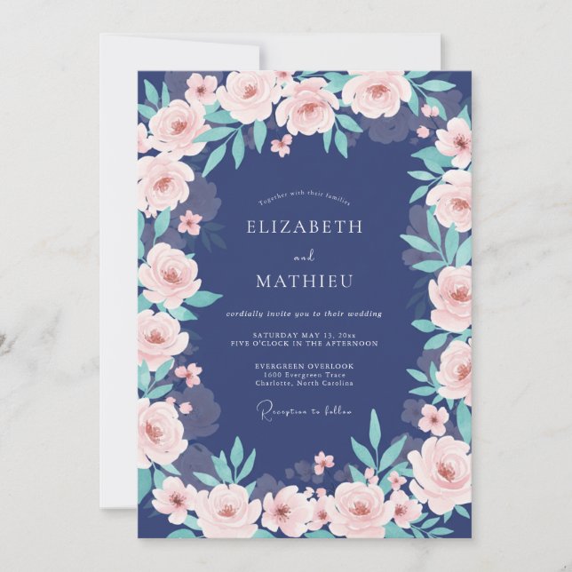 Convites Casamento com Buquê Floral Azul Marinho Rosa (Frente)