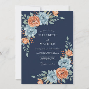Convites Casamento com Buquê Floral Coral Marinho