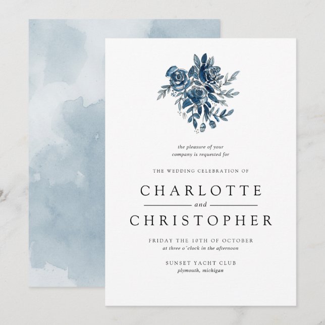 Convites Casamento com buquê floral de indigo azul (Frente/Verso)