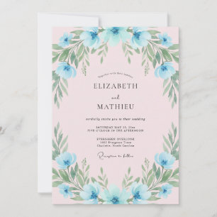 Convites Casamento com Buquê Painterly Azul-Celeste
