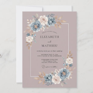 Convites Casamento com Buquê Painterly Azul Empoeirado