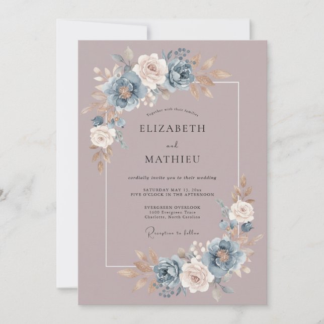 Convites Casamento com Buquê Painterly Azul Empoeirado (Frente)