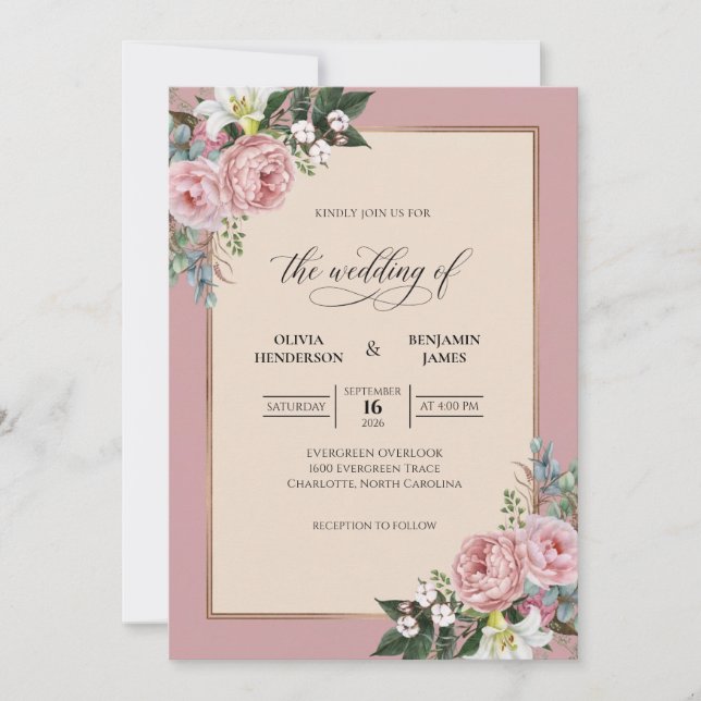 Convites Casamento com Buquê Pintado de Malva (Frente)