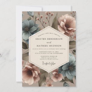 Convites Casamento com Buquê Vintage Azul Empoeirado