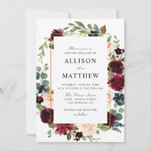 Convites Casamento com burgundy floral de aquarela e blush