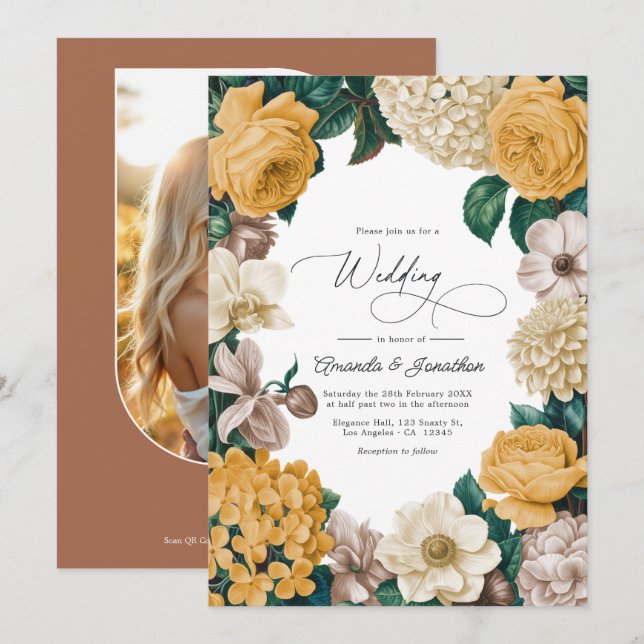 Convites Casamento com Buttercream, Marigold Suave e Blush  (Frente/Verso)