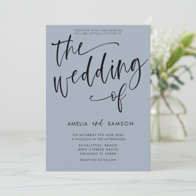 Convites Casamento com Caligrafia Azul Simples (Em pé/Frente)