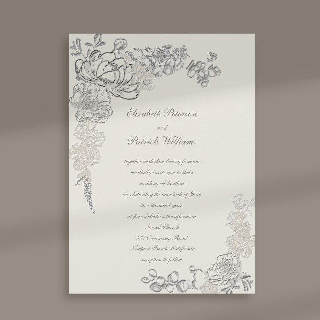 Convites Casamento com Caligrafia de Frame de Peonies Embos (peony wedding invitation floral frame formal traditional elegant calligraphy ecru modern classic)
