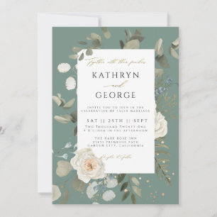 Convites Casamento com Caligrafia Dourada com Verde Botânic