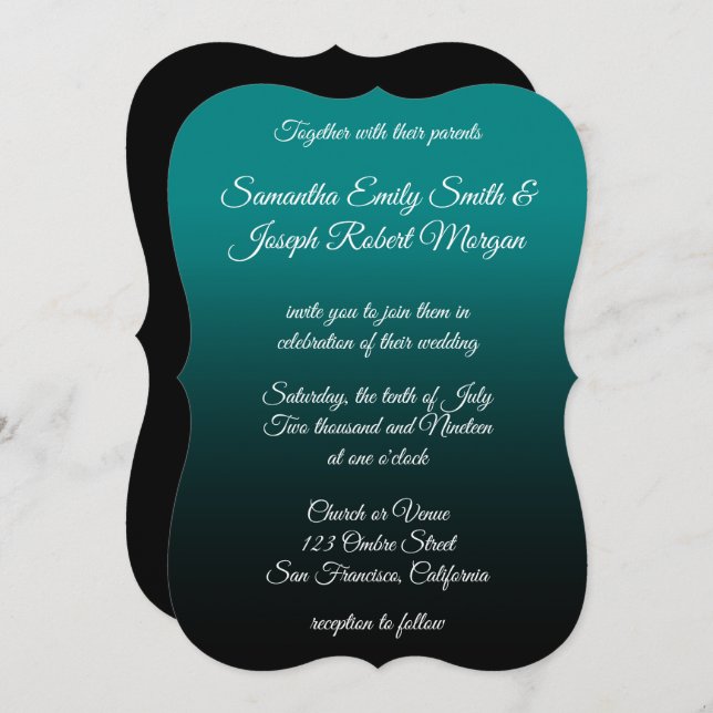 Convites Casamento com Caligrafia Elegante de Teal e Black  (Frente/Verso)