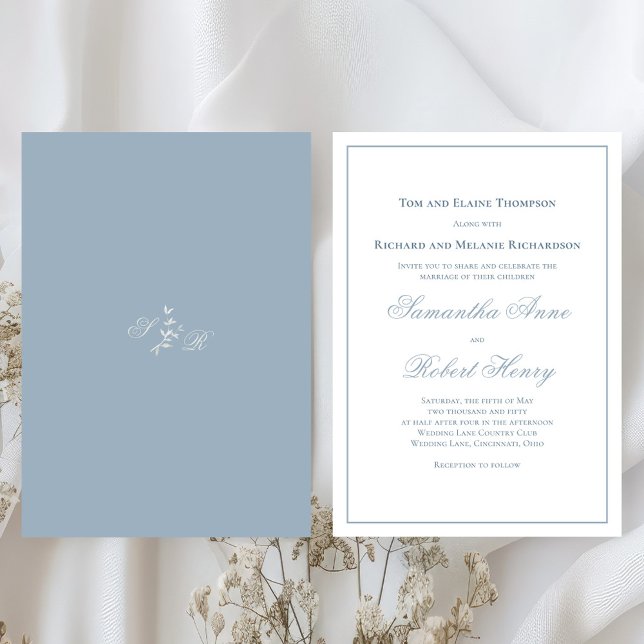 Convites Casamento com Caligrafia em Azul Poeirento  (Dusty blue elegant calligraphy script wedding invitations. )
