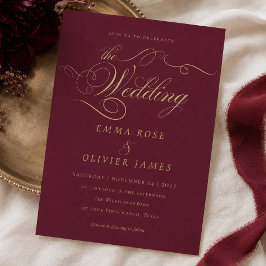 Convites Casamento com Caligrafia em Dourado e Borgonha Ele