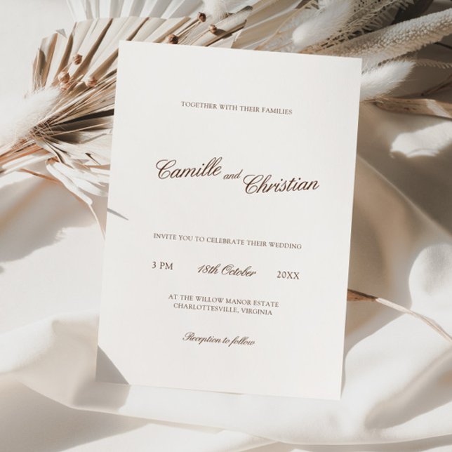 Convites Casamento com Caligrafia em Marrom Quente e Marfim (Elegant Ivory & Warm Brown Calligraphy Wedding Invitation)