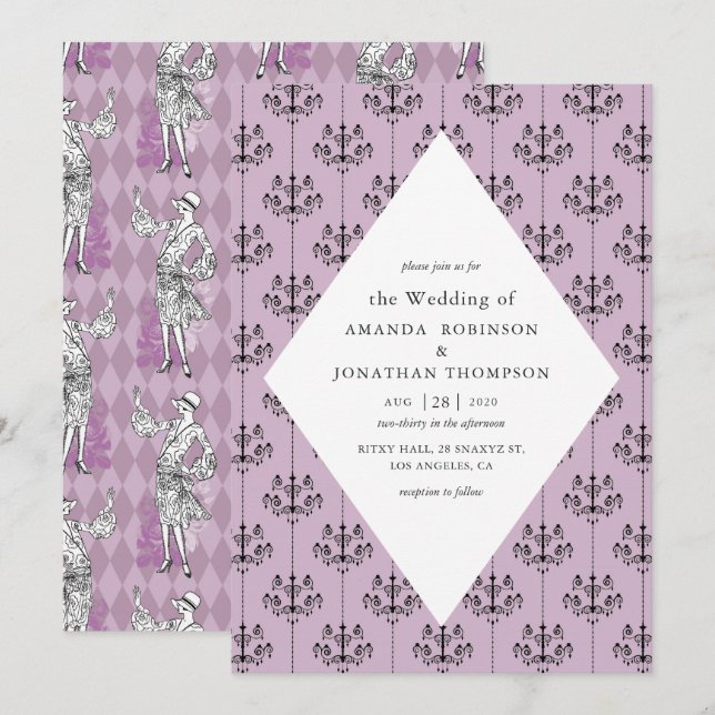 Convites Casamento com Caligrafia Tema Paris Roxo e Preto (Frente/Verso)