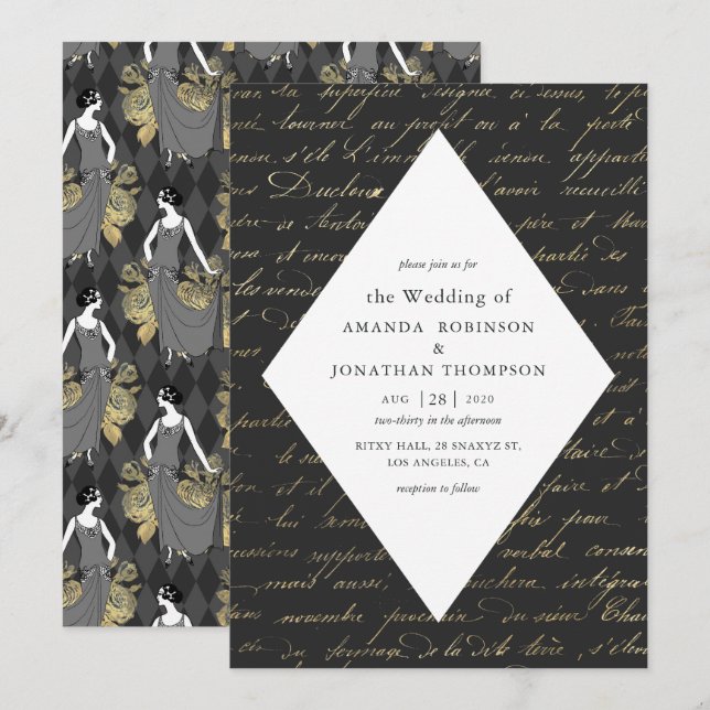 Convites Casamento com Caligrafia Temática Paris Preto e Do (Frente/Verso)