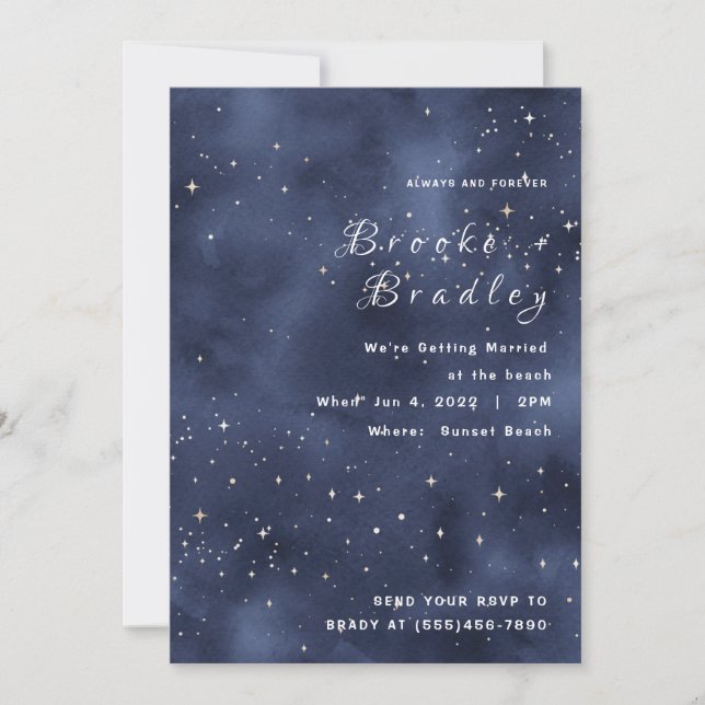 Convites Casamento com Campo de Estrelas Azul Escuro (Frente)
