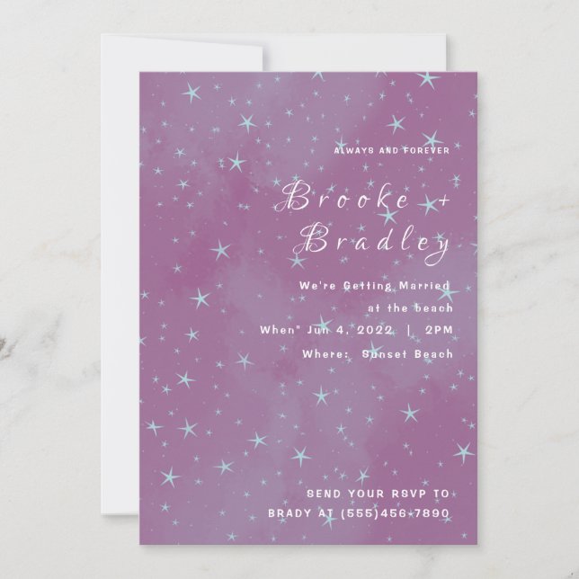Convites Casamento com Campo de Estrelas Rosa Roxo (Frente)
