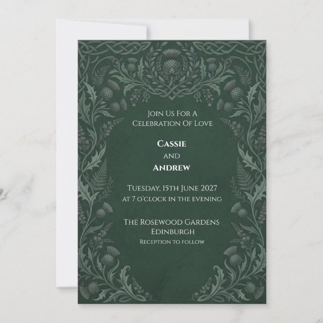 Convites Casamento com Cardo Celta Verde Escuro (Frente)