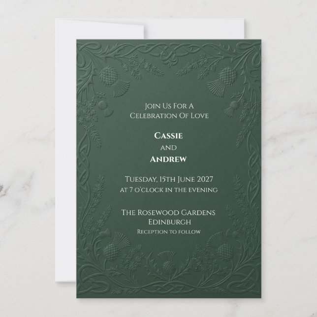 Convites Casamento com Cardo Celta Verde Escuro Embutido (Frente)