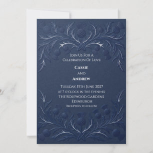 Convites Casamento com Cardo Escocês Azul Marinho Embutido
