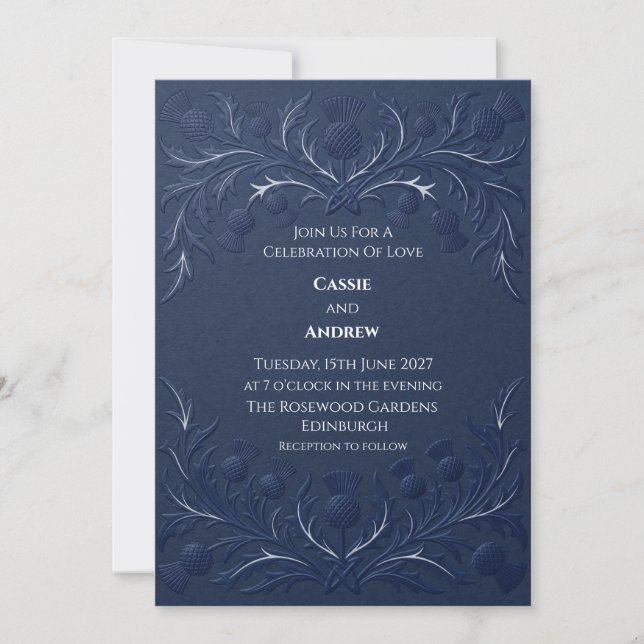 Convites Casamento com Cardo Escocês Azul Marinho Embutido (Frente)