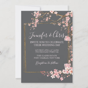 Convites Casamento com Carvão e Flor de Cerejeira Rosa