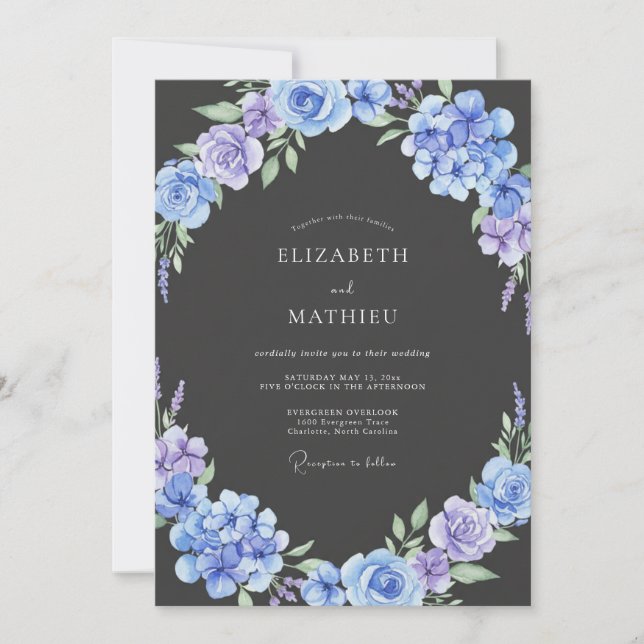 Convites Casamento com Carvão, Hortênsia Periwinkle e Eucal (Frente)