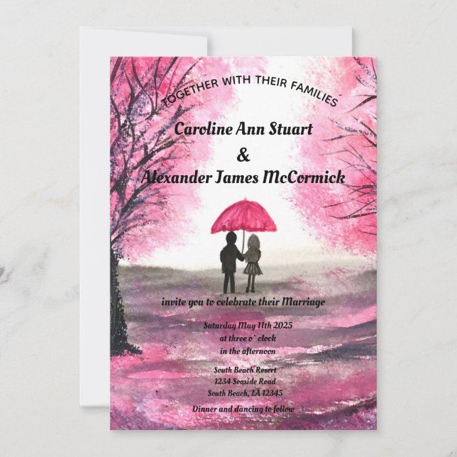 Convites Casamento com Casais florais de Cereja Rosa (Frente)