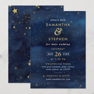 Convites Casamento com Céu Noturno Estrelado em Aquarela Az