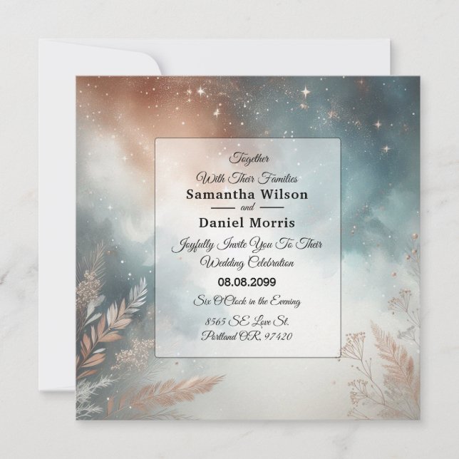 Convites Casamento com Céus de Poeira Estelar em Sage e Ter (Frente)