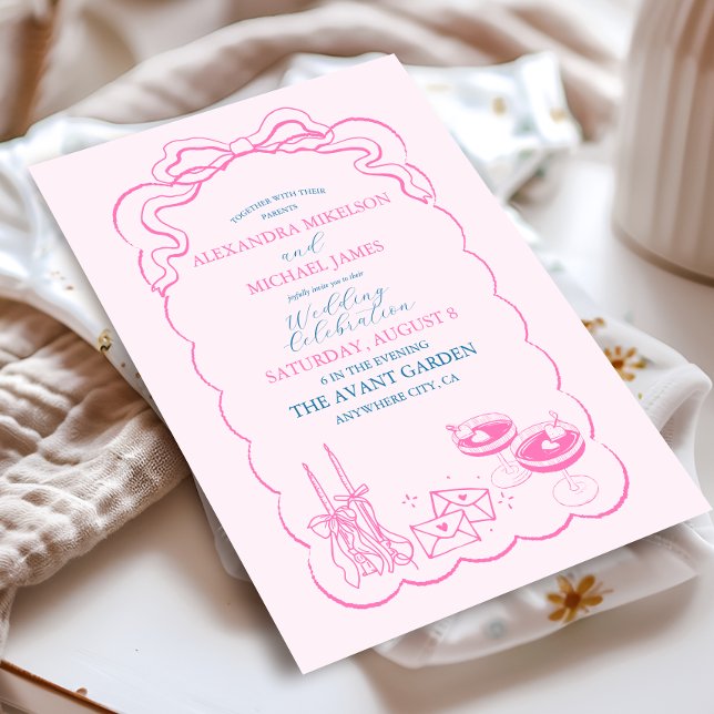 Convites Casamento com Champanhe Desenhado à Mão Funky Retr (Criador carregado)