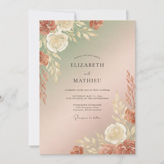 Convites Casamento com Champanhe Ferrugem Pampas Eucalipto (Frente)