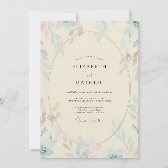 Convites Casamento com Champanhe, Folhagem Roxa e Eucalipto (Frente)